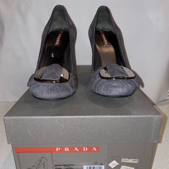 Prada Gray Suede Round Toe Block Heel Pumps - Picture 4 of 6